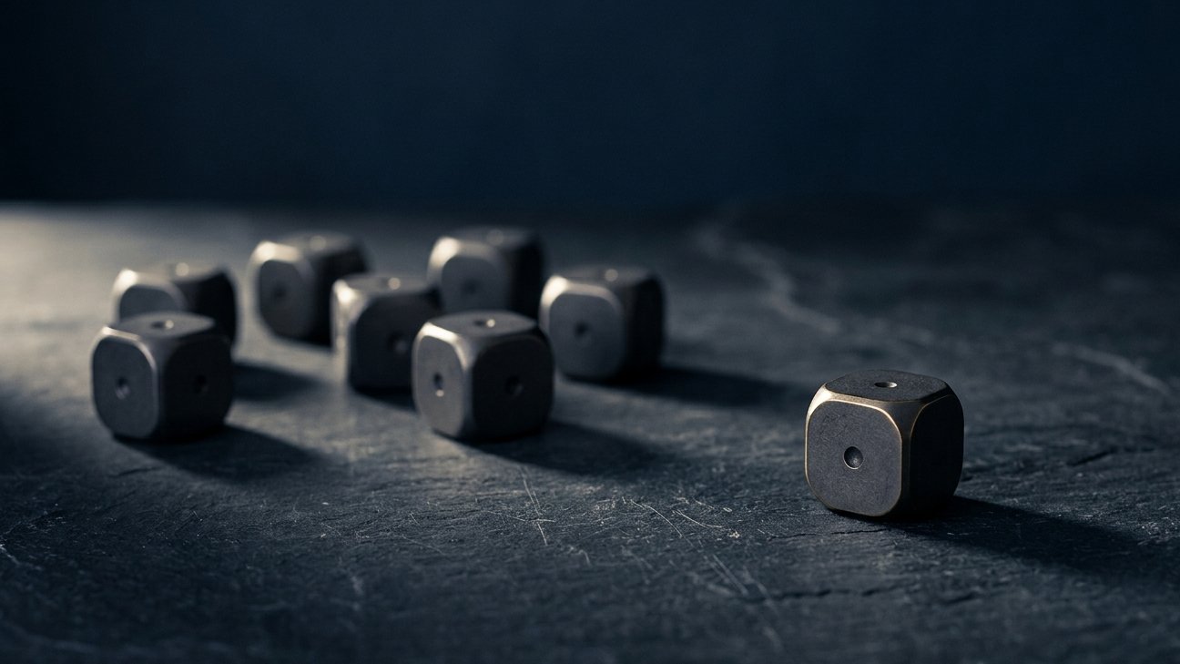 Machined-metal dice scattered on dark slate under cold raking light, every face showing a single pip. One die sits apart in sharp focus, catching a brass edge of light.